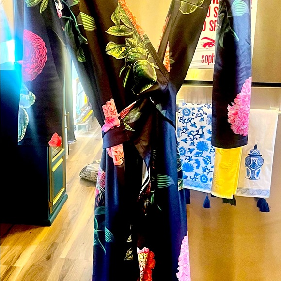 Black silky floral full length stunning wrap dress by Voodoo Vixen in Medium! - Picture 7 of 8